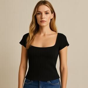 Reformation Black Ribbed Knit Square Neck Top Women’s Medium Perfect Condition